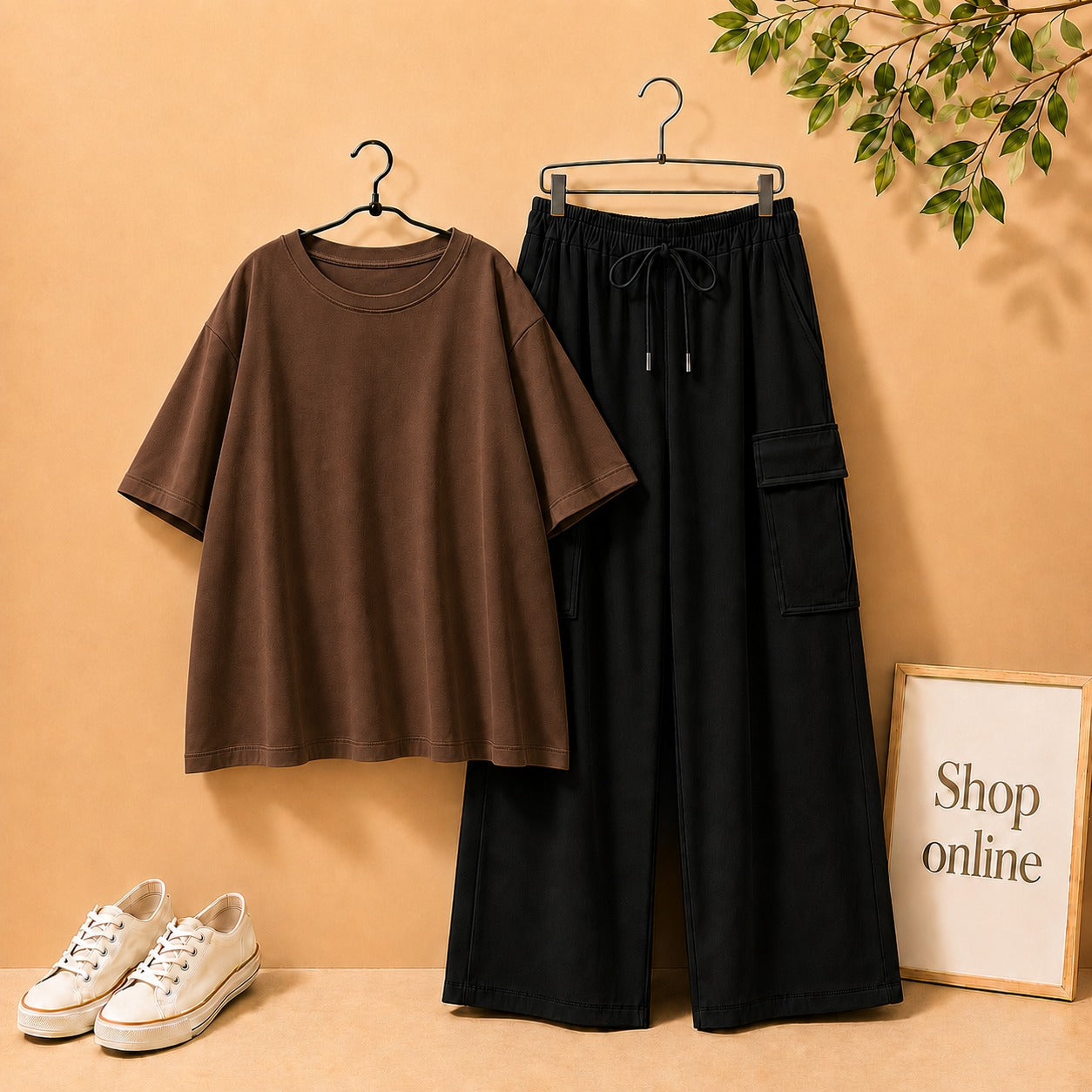 DARK BROWN DROP SHOULDER TEE SHIRT WITH BLACK CARGO TROUSER