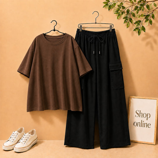 DARK BROWN DROP SHOULDER TEE SHIRT WITH BLACK CARGO TROUSER