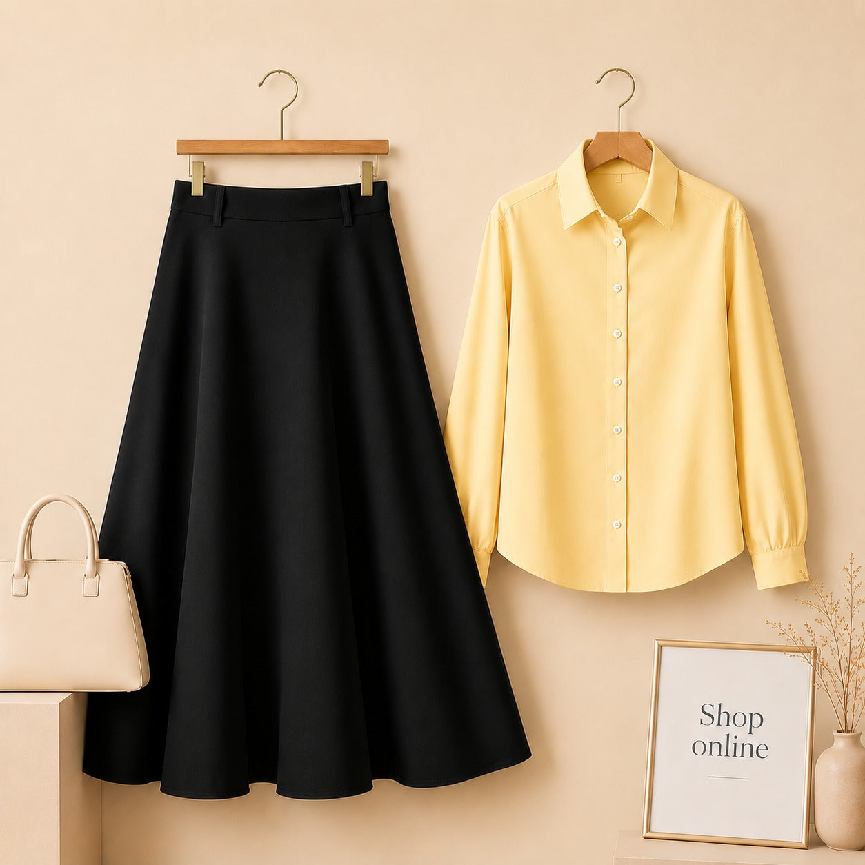 YELLOW BUTTON DOWN WITH BLACK COTTON TWILL SKIRT