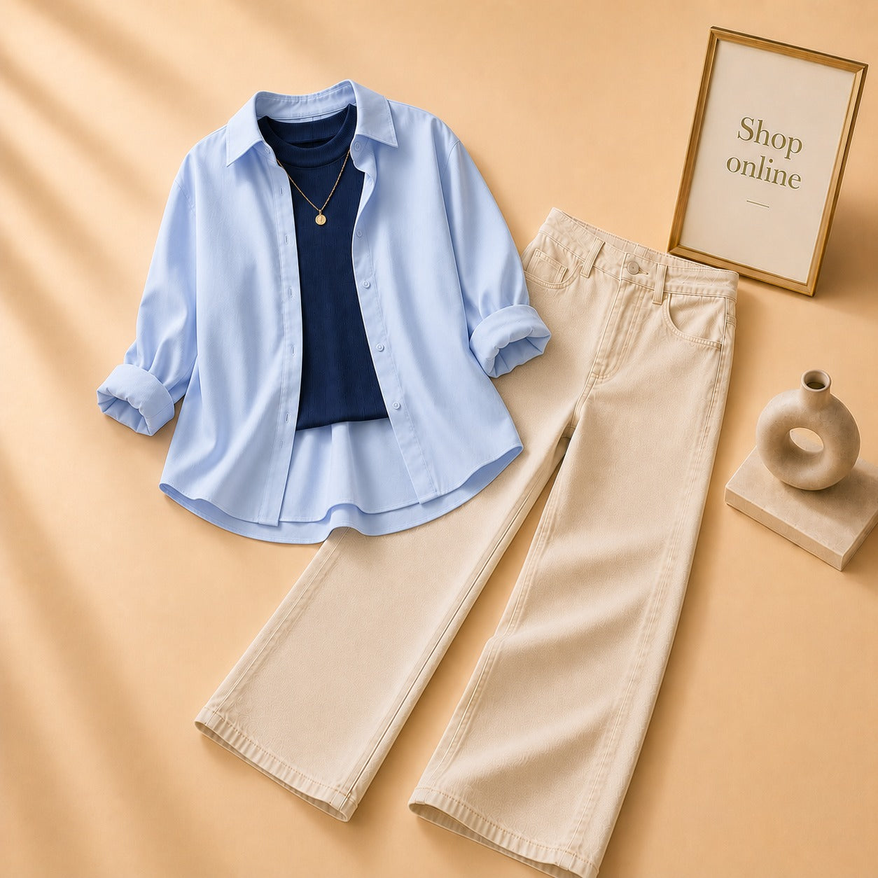 SKY BLUE  BUTTON DOWN SHIRT WITH NAVY BLUE TANK TOP BEIGE WIDE LEG JEANS (3Pcs)