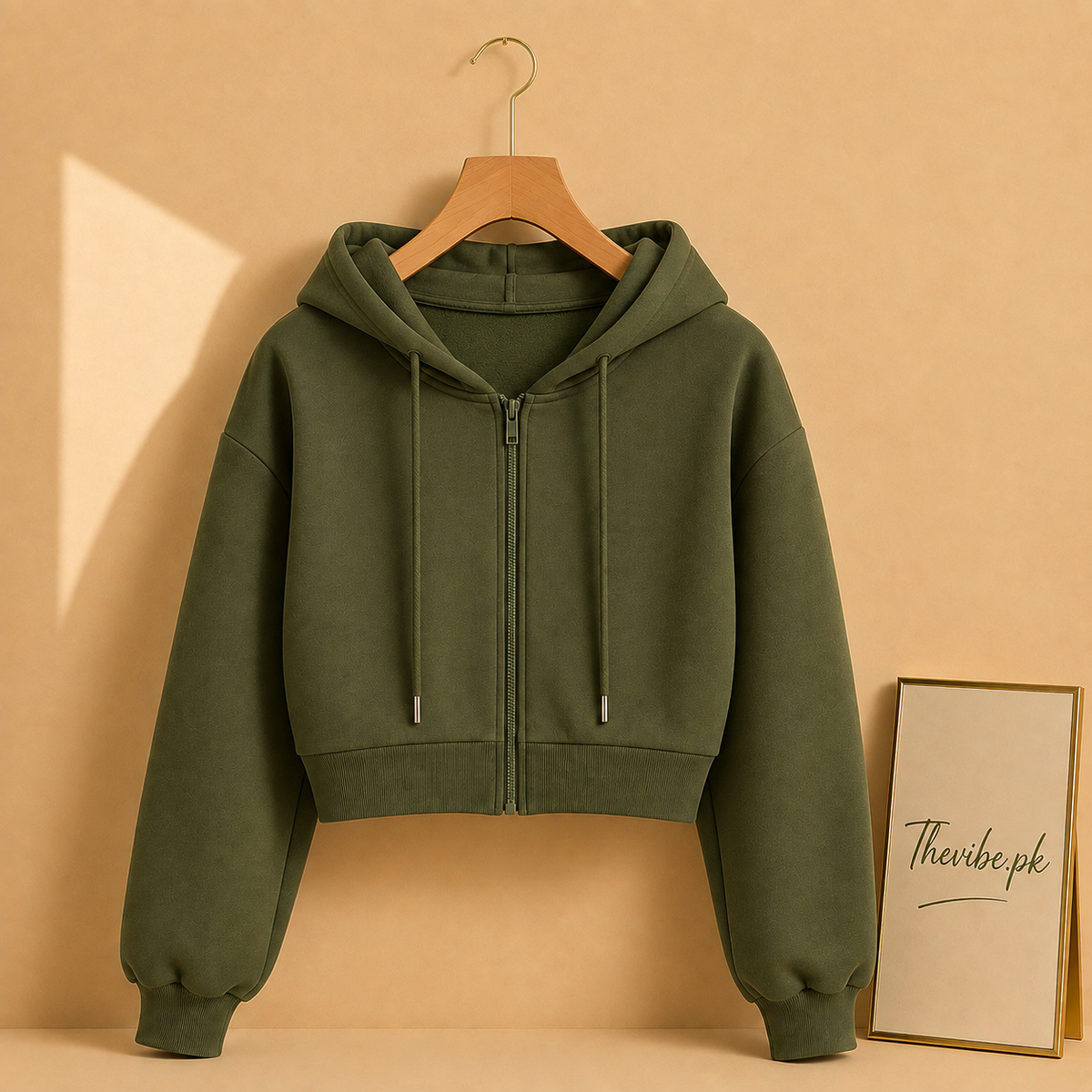 BASIC OLIVE GREEN CROP ZIPPER HOOD