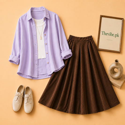 LILAC BUTTON DOWN SHIRT WITH WHITE TANKTOP AND BROWN TWILL SKIRT