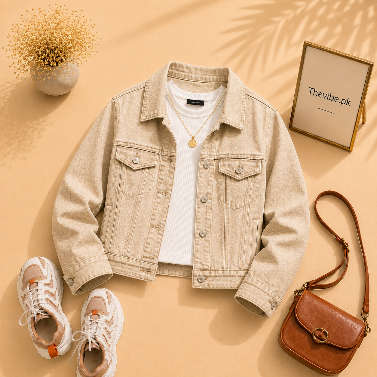 BEIGE DENIM JACKET WITH WHITE TANK TOP
