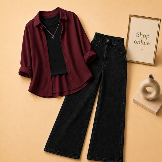 MAROON BUTTON DOWN SHIRT WITH BLACK TANK TOP BLACK WIDE LEG JEANS (3Pcs)