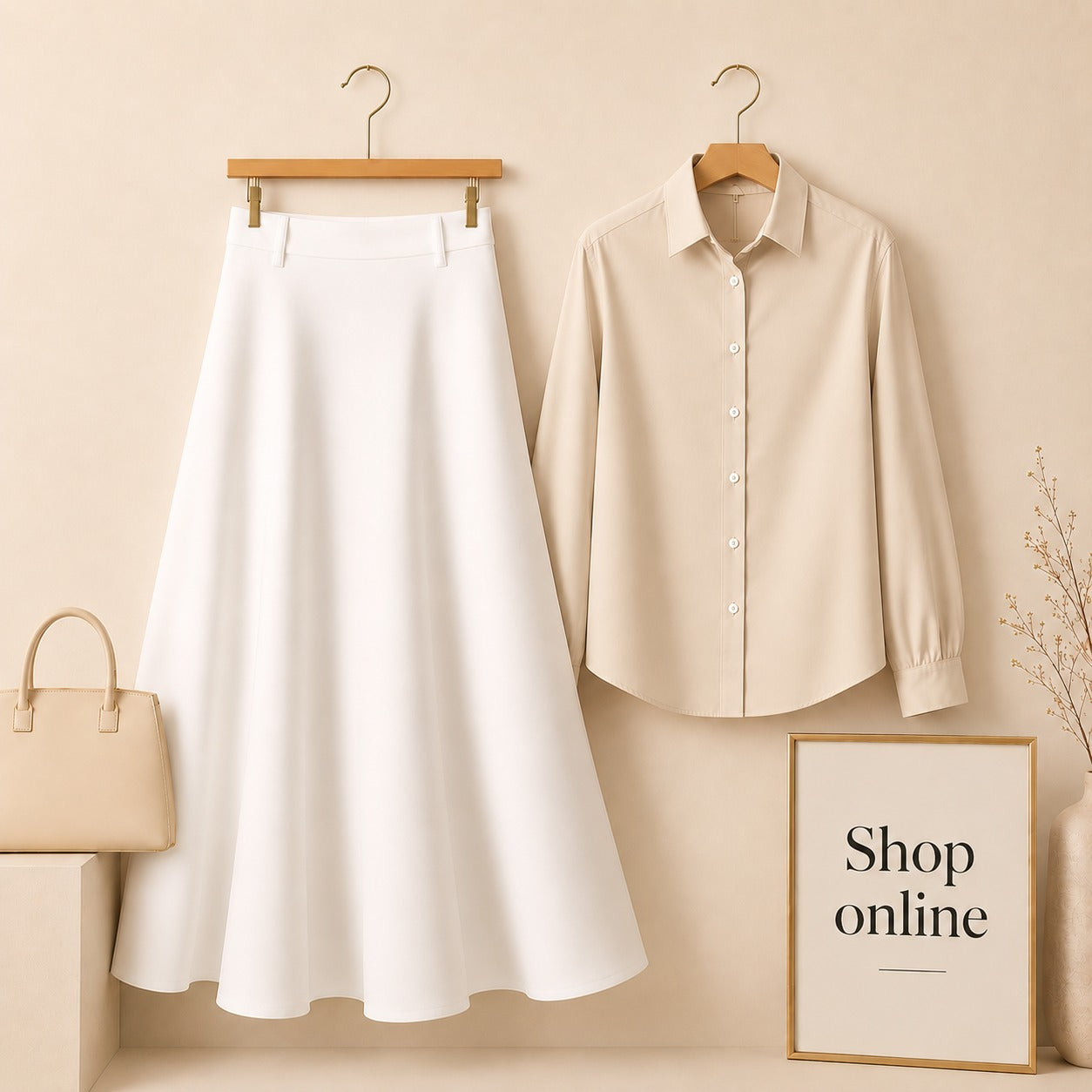 BEIGE BUTTON DOWN WITH WHITE COTTON TWILL SKIRT
