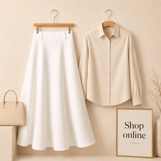 BEIGE BUTTON DOWN WITH WHITE COTTON TWILL SKIRT