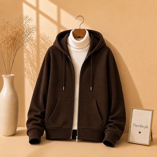 DARK BROWN ZIPPER HOODIE WITH WHITE HIGH NECK