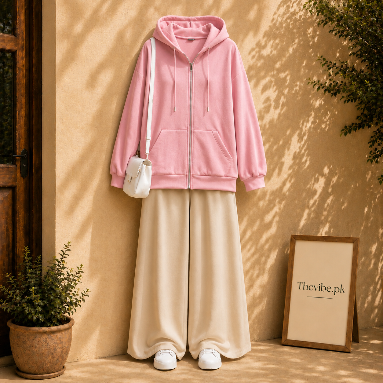 PINK ZIP HOODIE WITH BEIGE FLAPPER