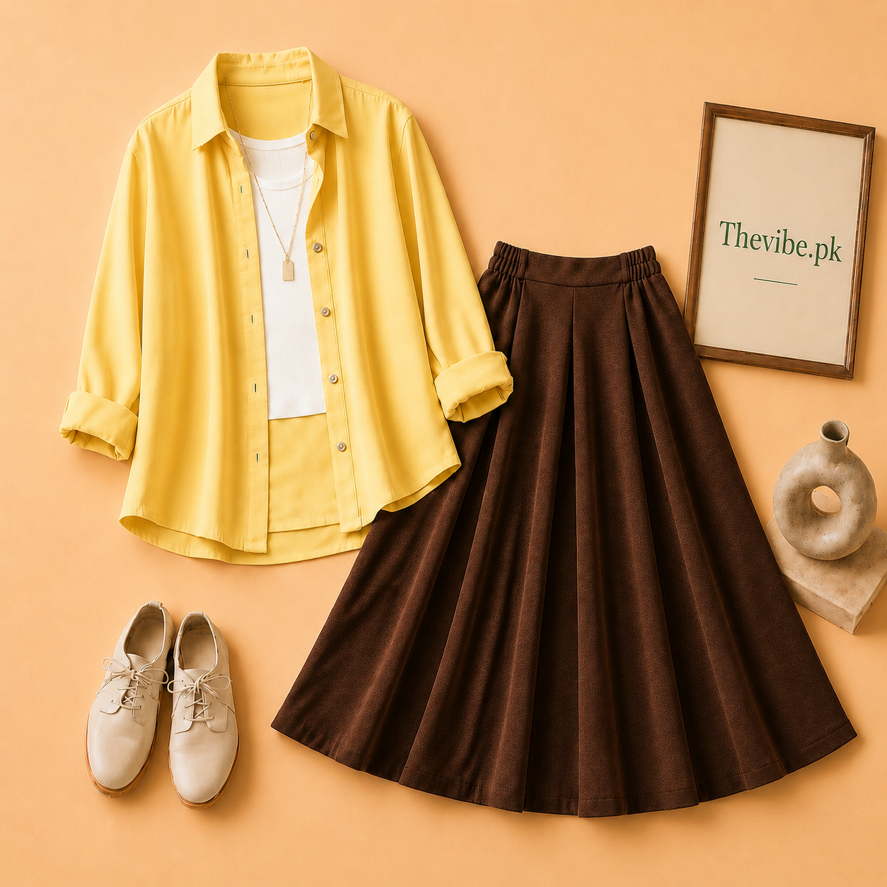YELLOW BUTTON DOWN SHIRT WITH WHITE TANKTOP AND BROWN TWILL SHIRT