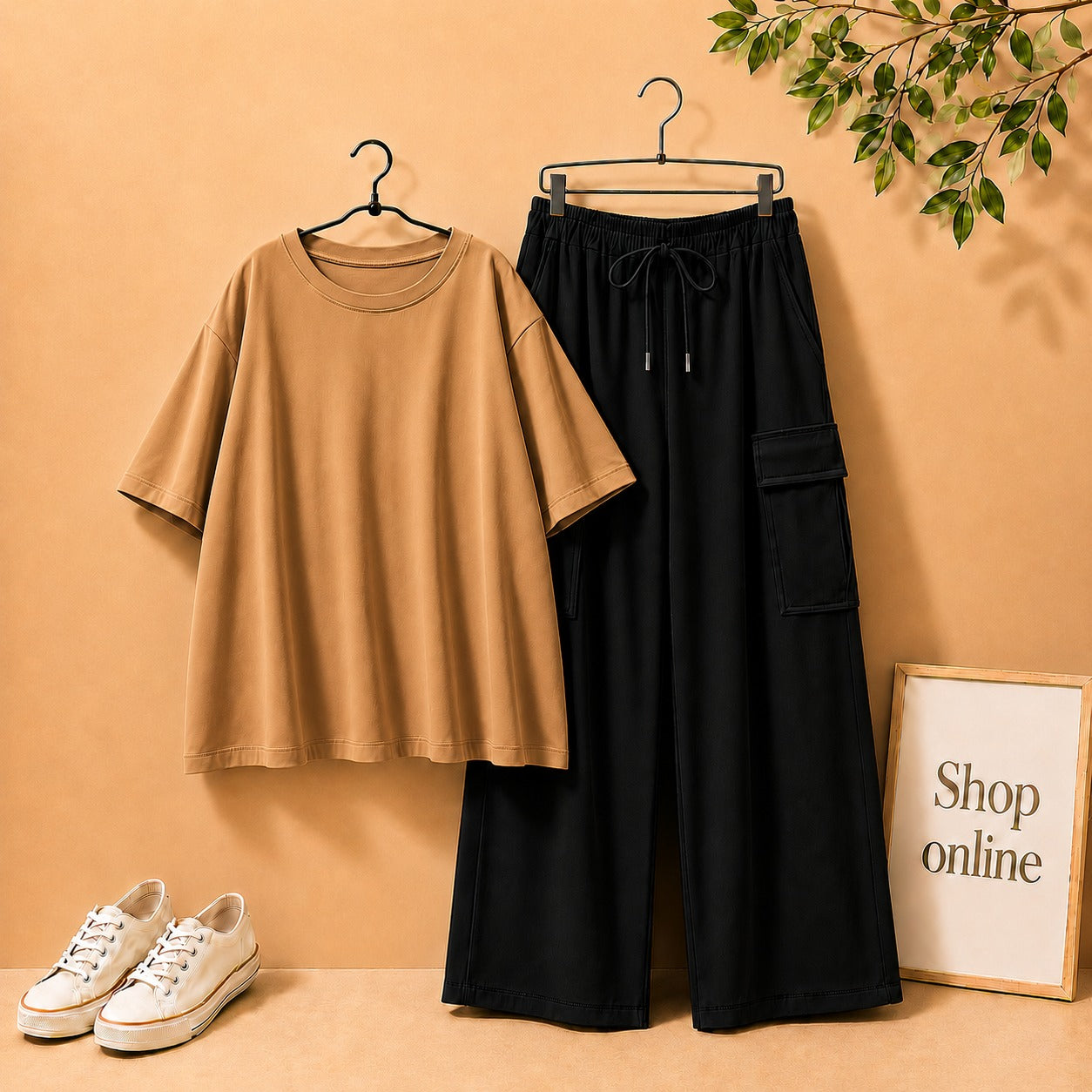 LIGHT BROWN DROP SHOULDER TEE SHIRT WITH BLACK CARGO TROUSER