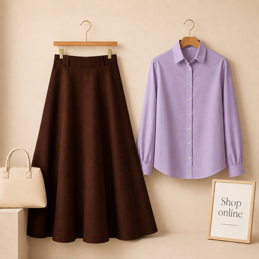 LILAC BUTTON DOWN WITH DARK BROWN COTTON TWILL SKIRT