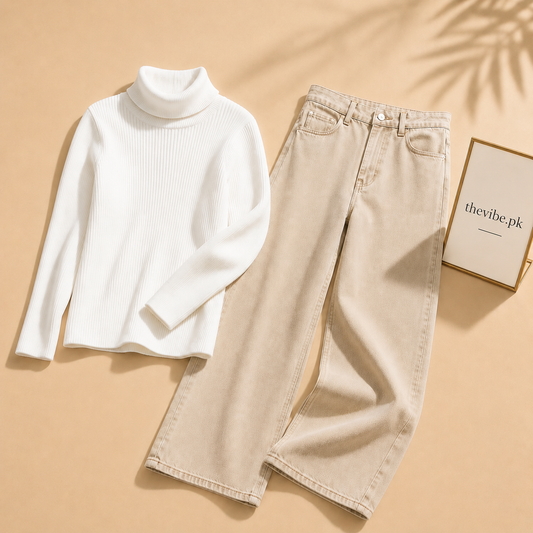 WHITE RIBKNIT HIGH NACK WITH BEIGE WIDE LEG JEANS