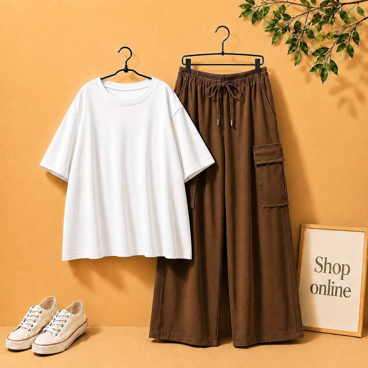 WHITE DROP SHOULDER TEE SHIRT WITH DARK BROWN CARGO TROUSER