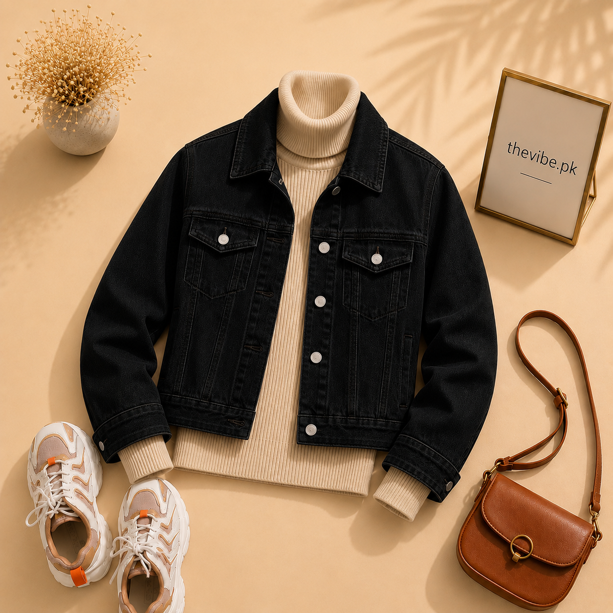 BLACK DENIM JACKET WITH BEIGE TURTLENECK