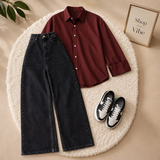 MAROON BUTTON DOWN SHIRT WITH BLACK WIDE LEG JEANS
