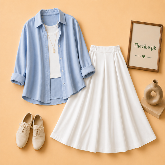 SKY BLUE BUTTON DOWN SHIRT WITH WHITE TANKTOP AND WHITE TWILL SHIRT