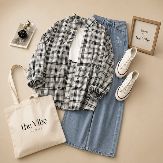 SIMPLY CHECK SHIRT WHITE TANK TOP WITH ICE BLUE BLUE WIDE LEG JEANS (3Pcs)