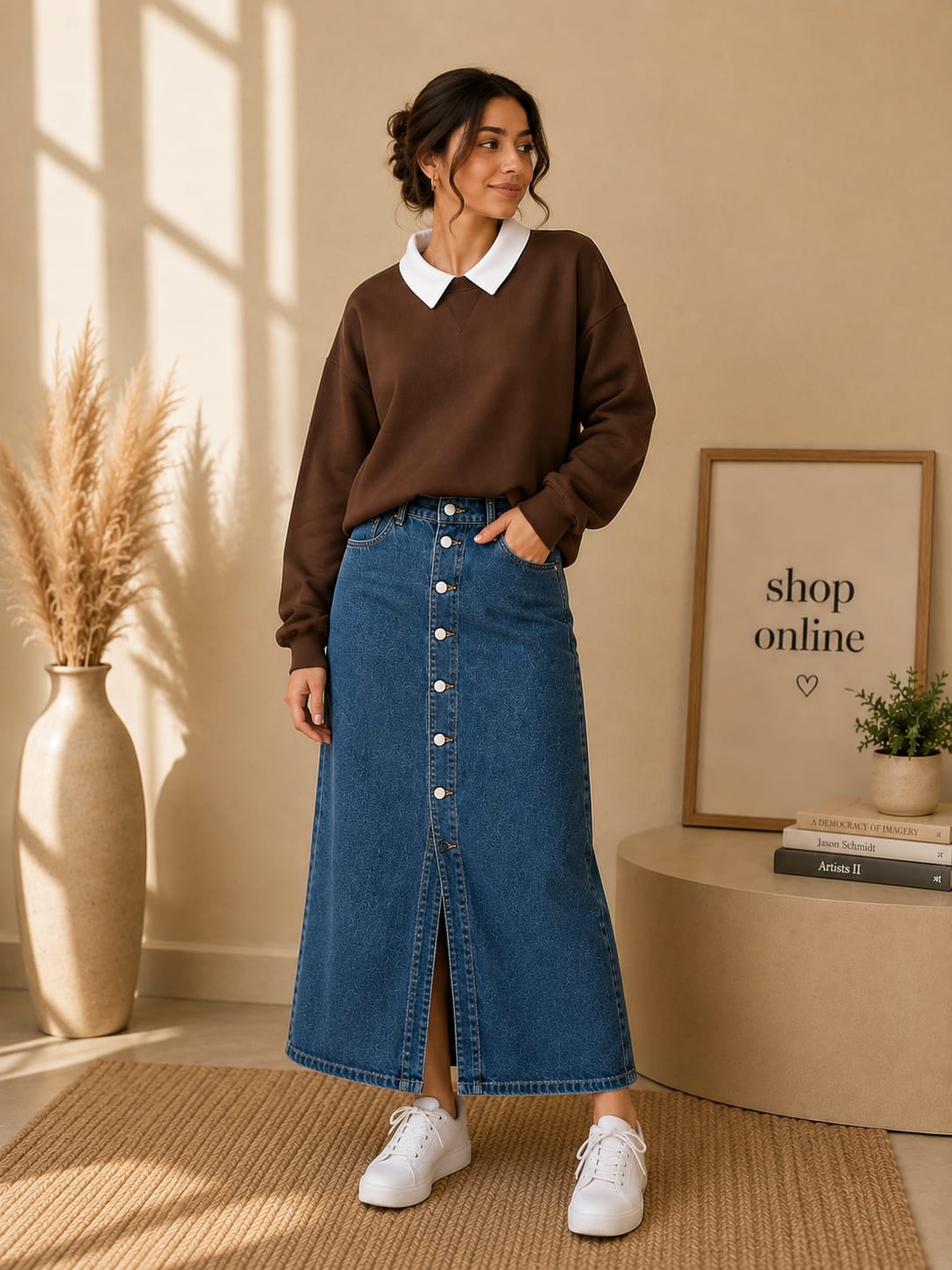 BROWN COLLAR SWEATSHIRT WITH MID BLUE SHIRT