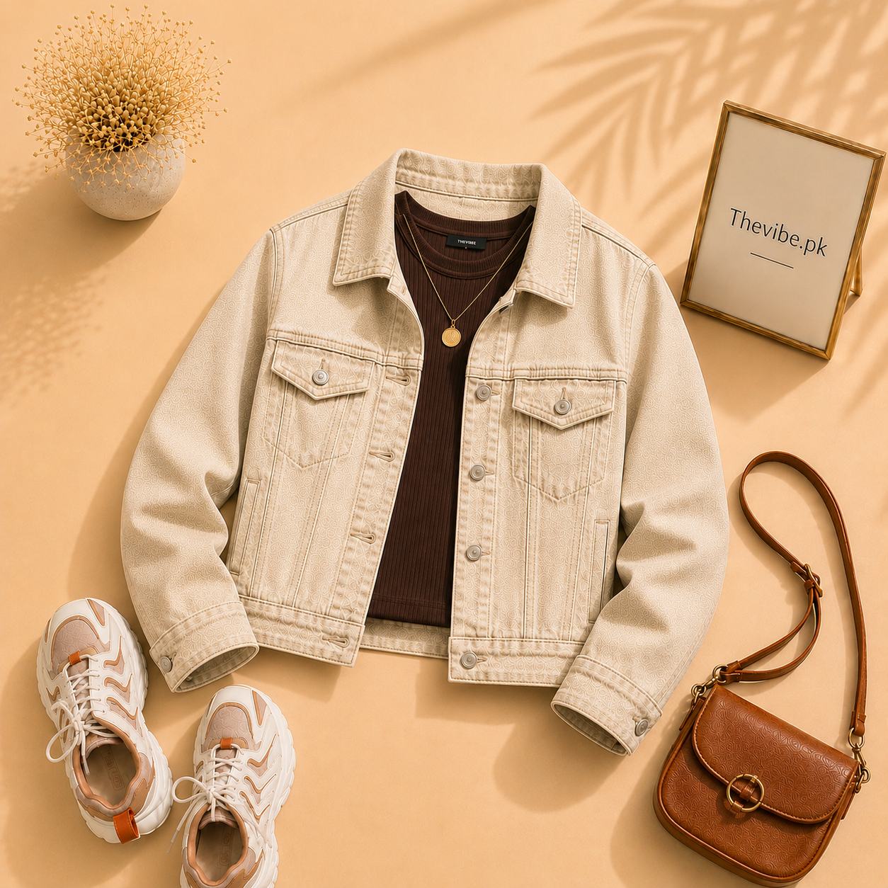 BEIGE DENIM JACKET WITH BROWN TANK TOP
