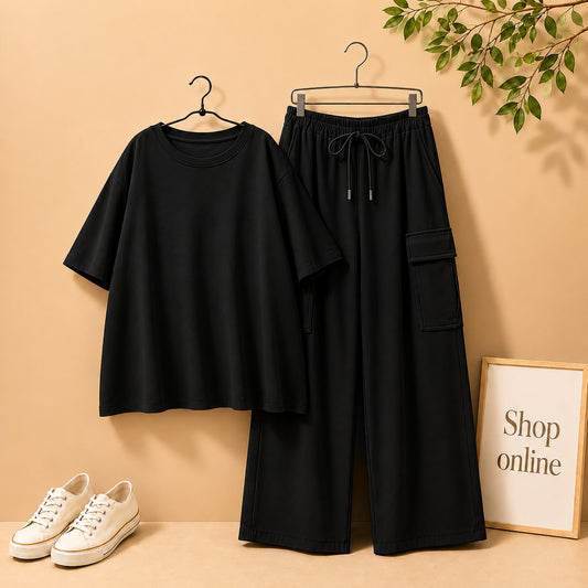 BLACK DROP SHOULDER TEE SHIRT WITH BLACK CARGO TROUSER
