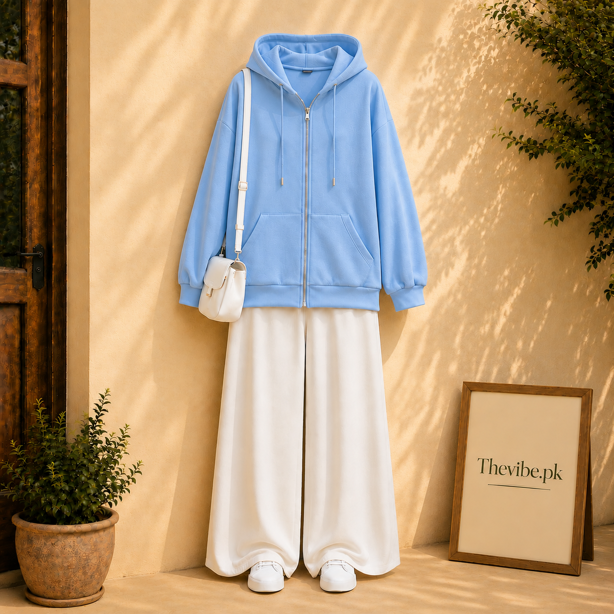 SKY BLUE ZIP HOODIE WITH WHITE FLAPPER