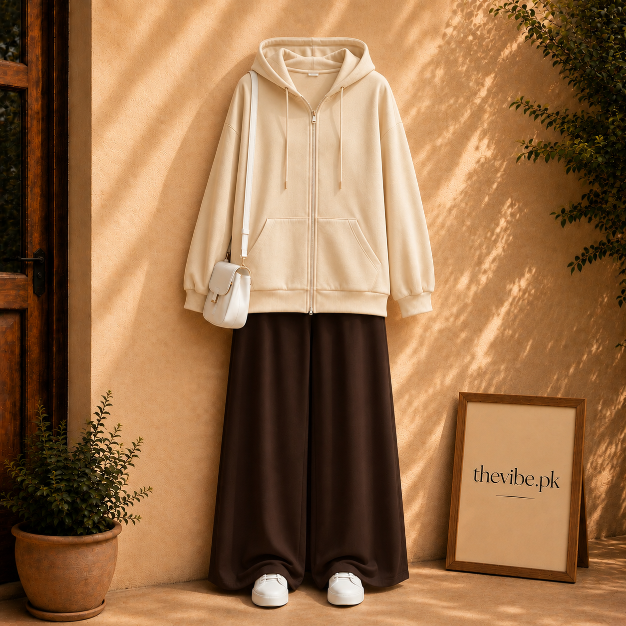 BEIGE ZIP HOODIE WITH BROWN FLAPPER