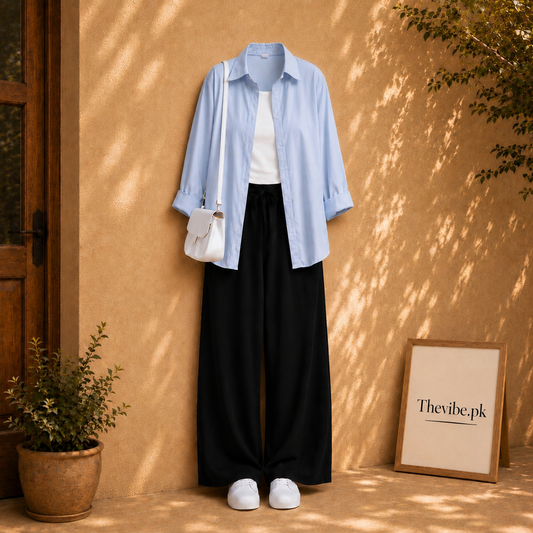 SKY BLUE BUTTON DOWN SHIRT WITE WHITE TANK TOP AND BLACK FLAPPER