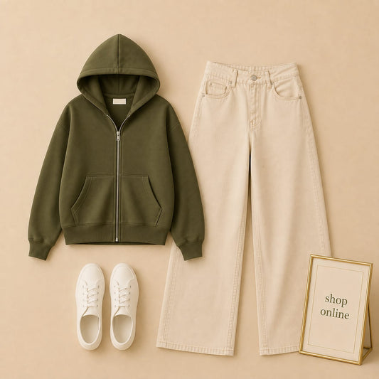 OLIVE GREEN ZIP HOODIE WITH BEIGE WIDE LEG JEANS