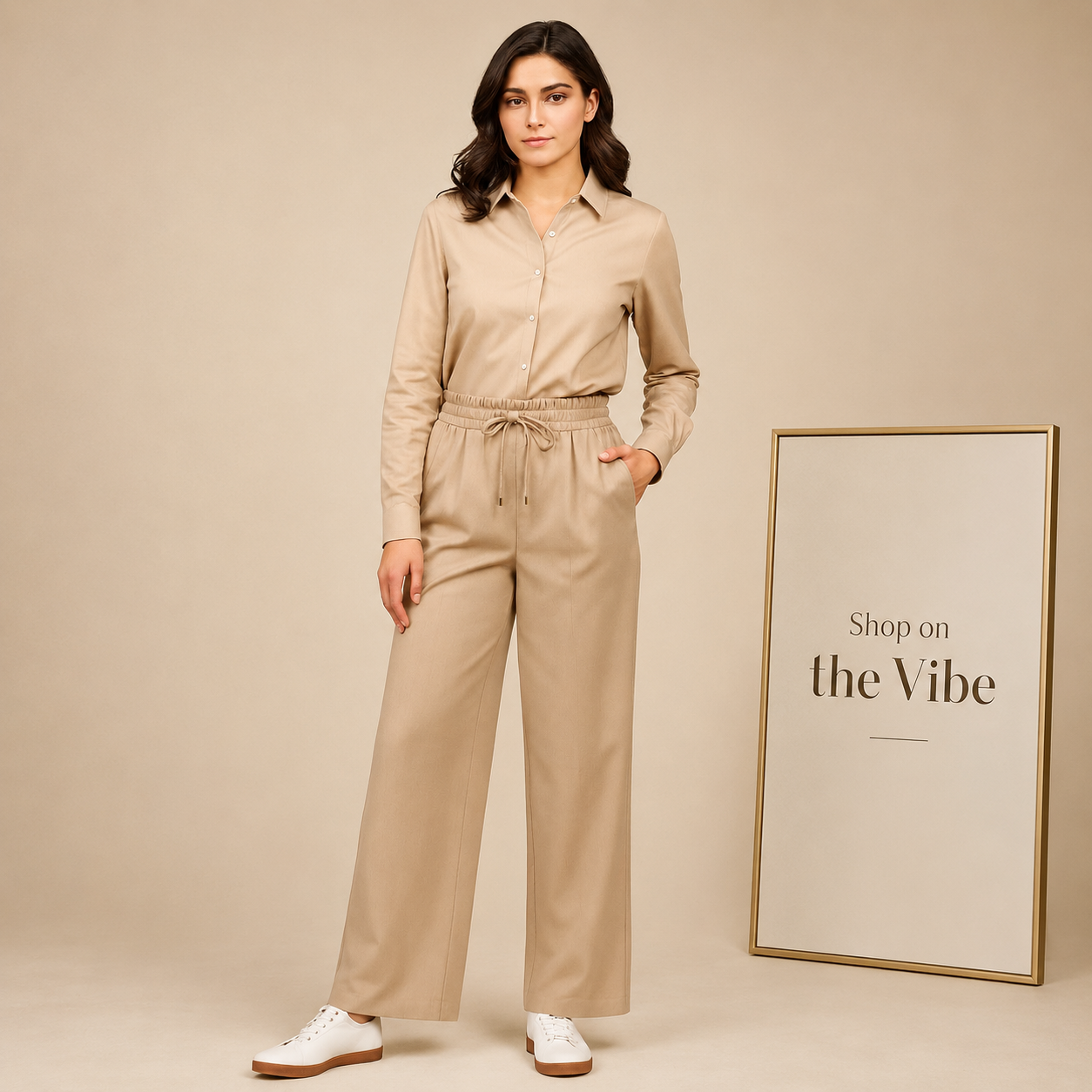 BEIGE BUTTON DOWN SHIRT WITH BEIGE FLAPPER