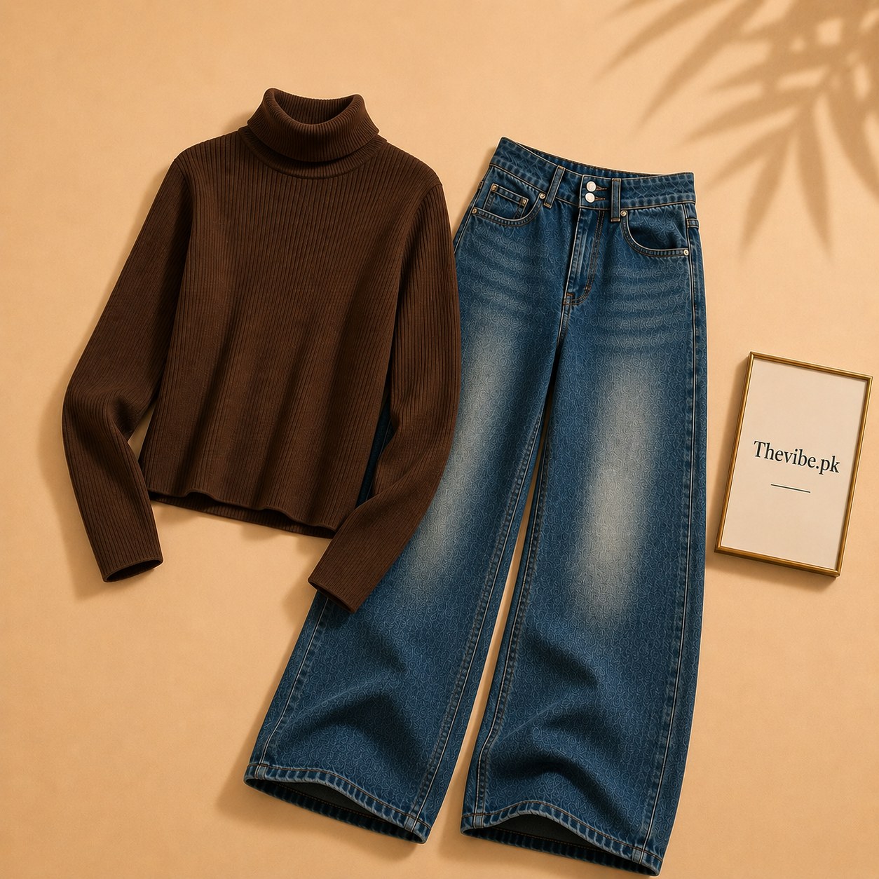 BROWN RIBKNIT HIGH NACK WITH DARKISH BLUE WIDE LEG JEANS