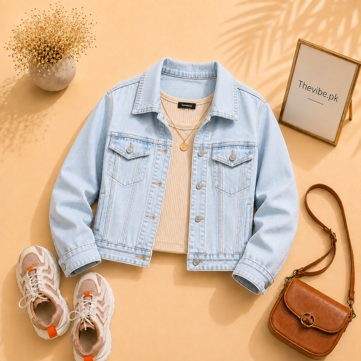 ICE BLUE DENIM JACKET WITH BEIGE TANK TOP