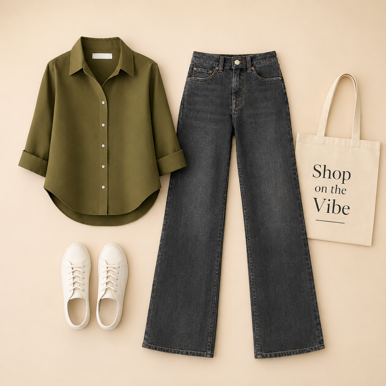OLIVE GREEN BUTTON SHIRT WITH MALAYSIAN BLACK WIDE LAG JEANS