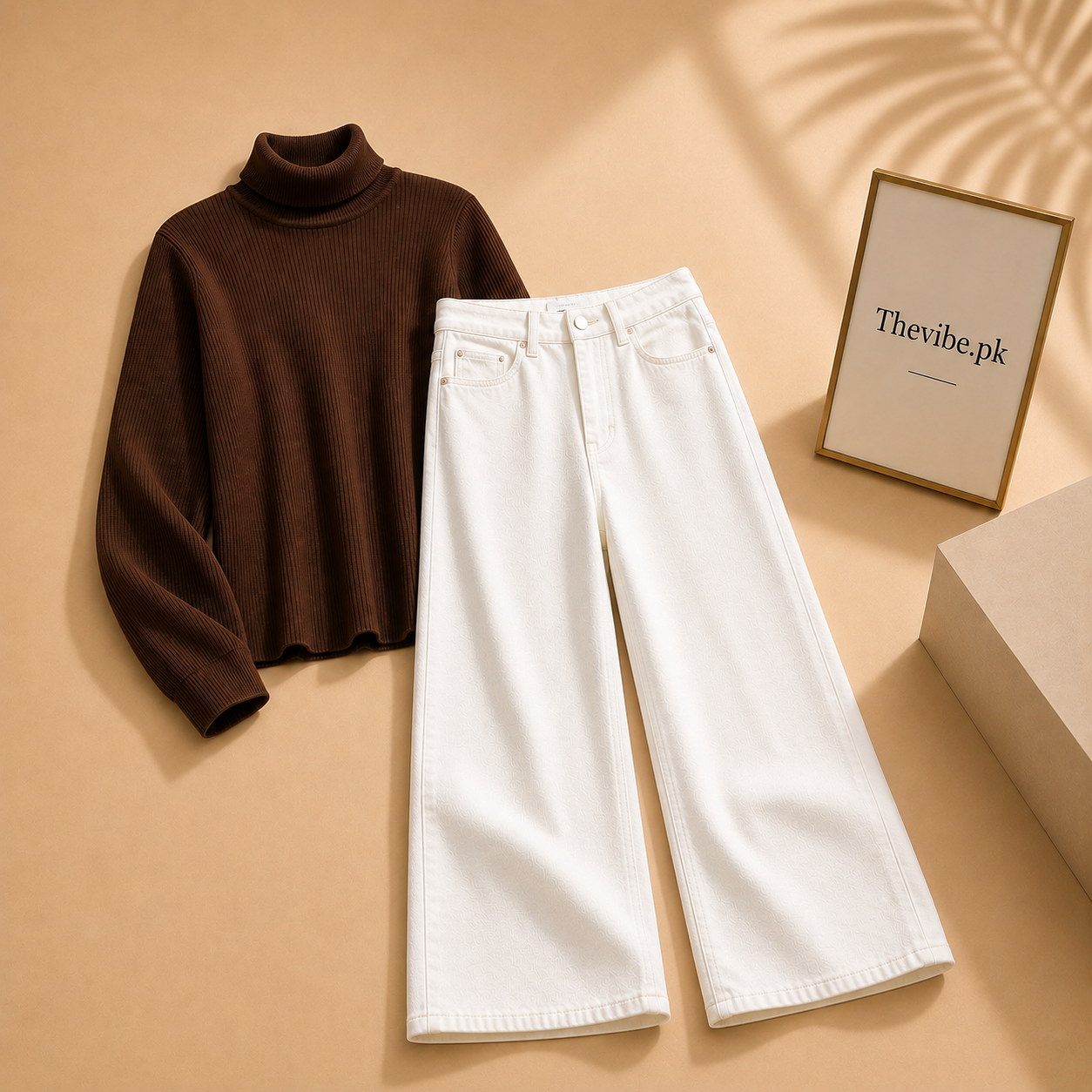 BROWN RIBKNIT HIGH NACK WITH WHITE WIDE LEG JEANS
