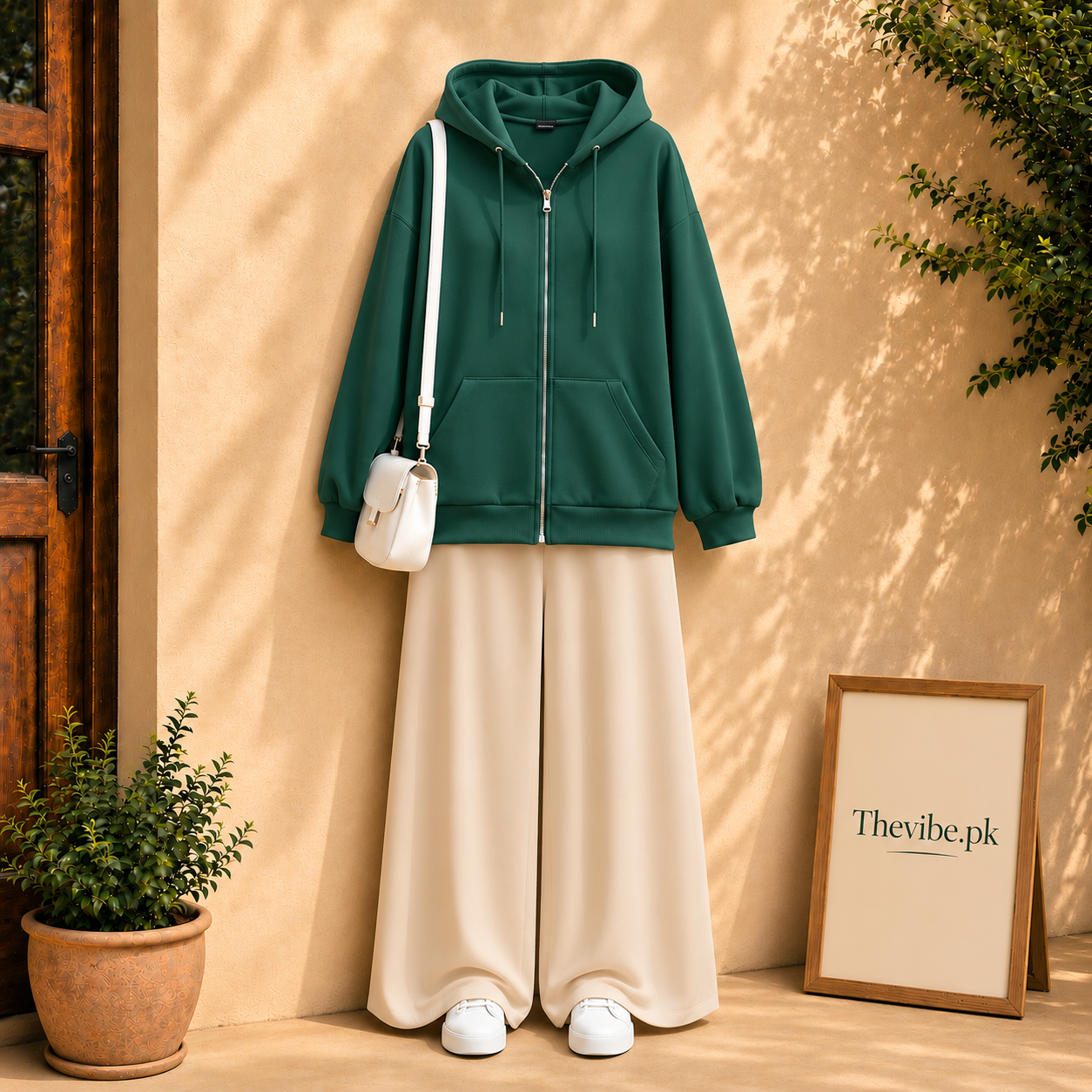 BOTTLE GREEN ZIP HOODIE WITH BEIGE FLAPPER