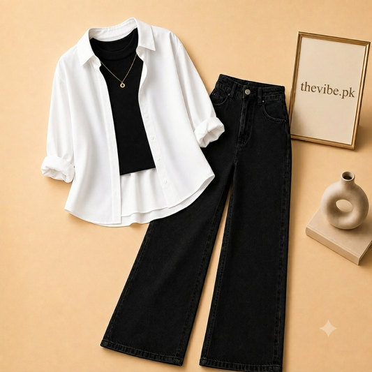 WHITE BUTTON DOWN SHIRT  WITE BLACK  TANK TOP BLACK WIDE LEG JEANS (3Pcs)