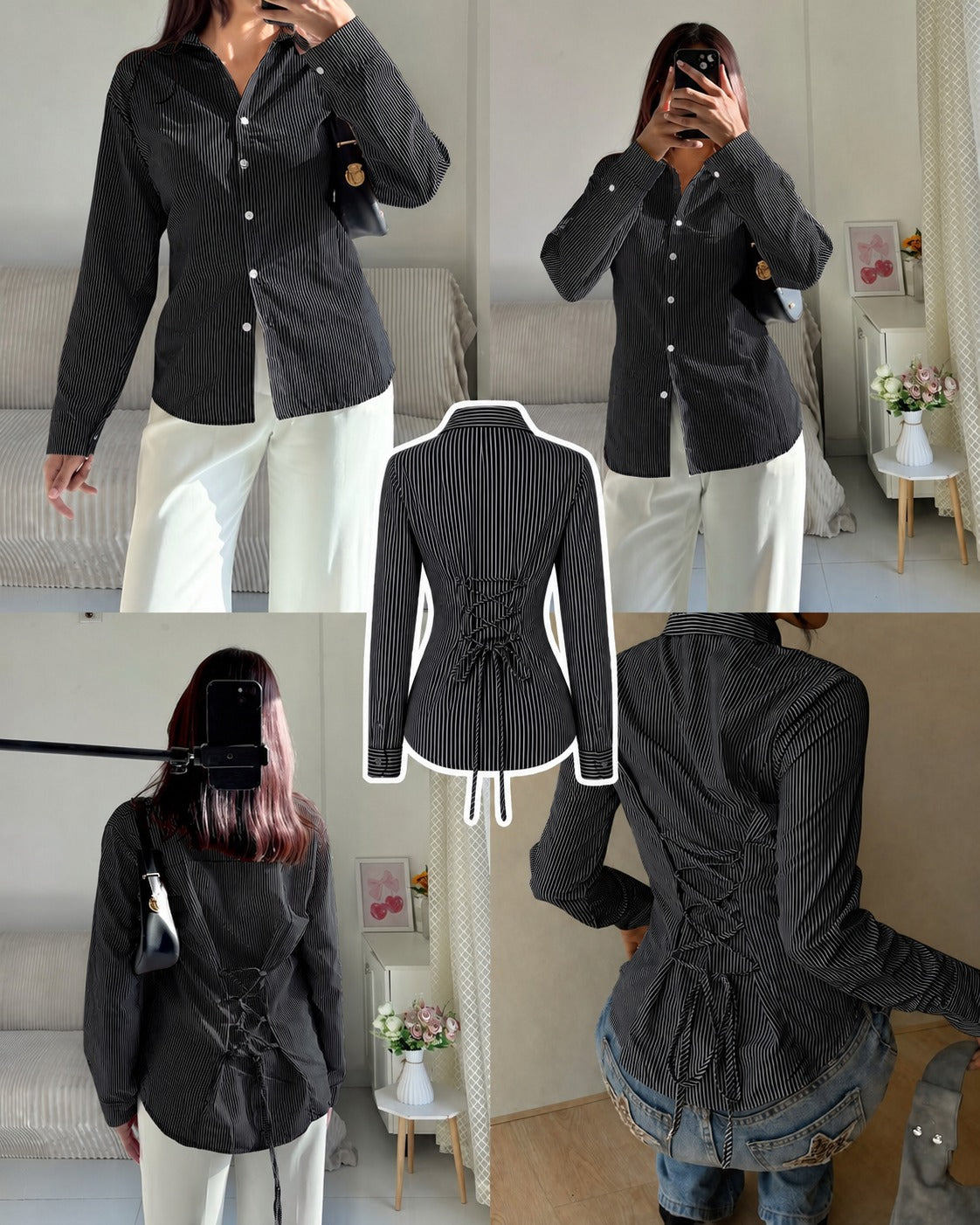 BLACK N WHITE CORSET LACE-UP BACK STRIPE SHIRT