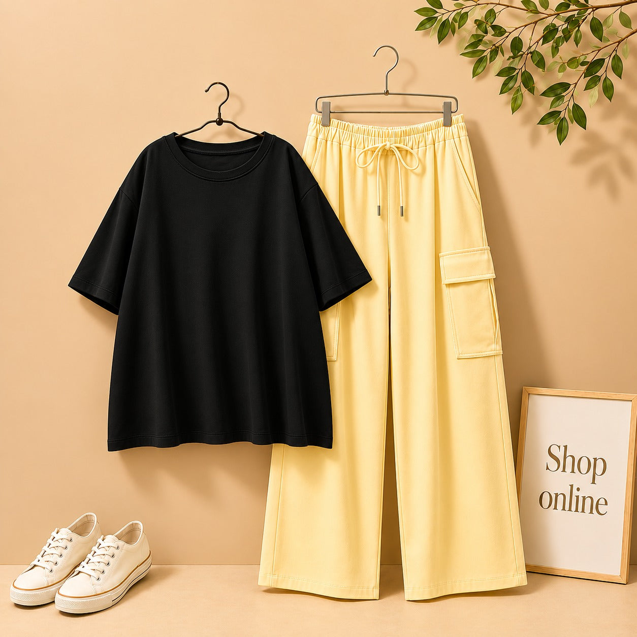 BLACK  DROP SHOULDER TEE SHIRT WITH BEIGE CARGO TROUSER