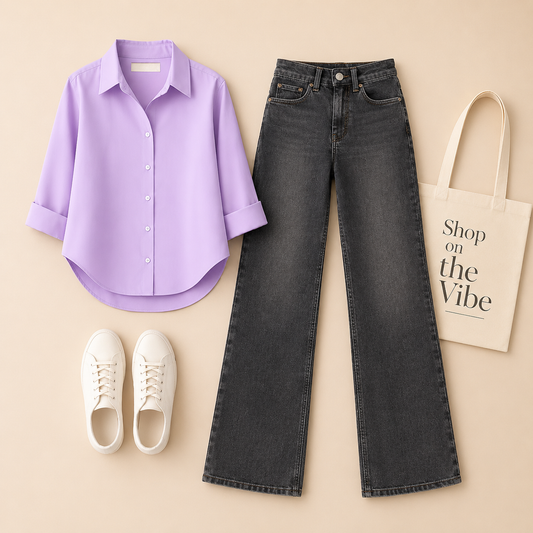 LILAC BUTTON SHIRT WITH MALAYSIAN BLACK WIDE LAG JEANS