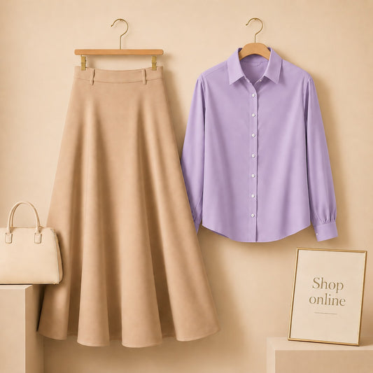 LILAC BUTTON DOWN WITH BEIGE COTTON TWILL SKIRT