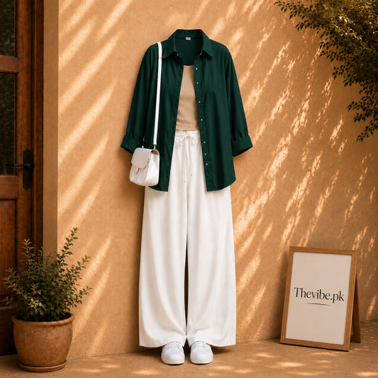 BOTTLE GREEN BUTTON DOWN SHIRT WITH BEIGE TANK TOP AND WHITE FLAPPER
