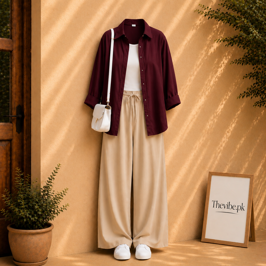 MAROON BUTTON DOWN SHIRT WITH WHITE TANK TOP AND BEIGE FLAPPER