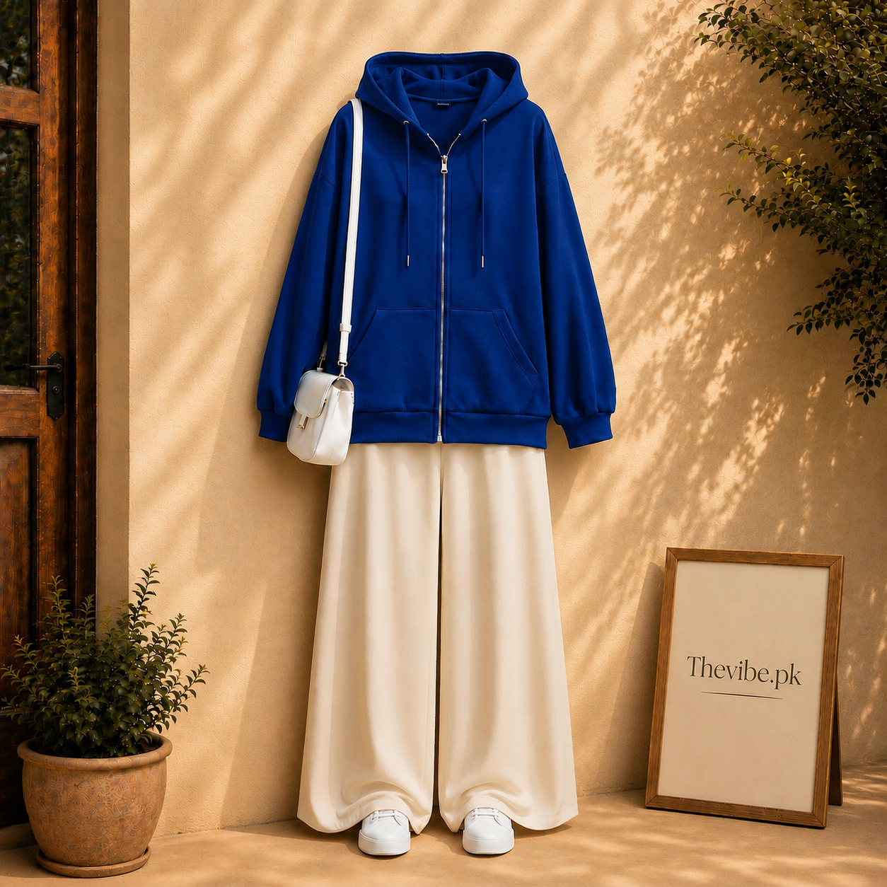 ROYAL BLUE ZIP HOODIE WITH BEIGE FLAPPER