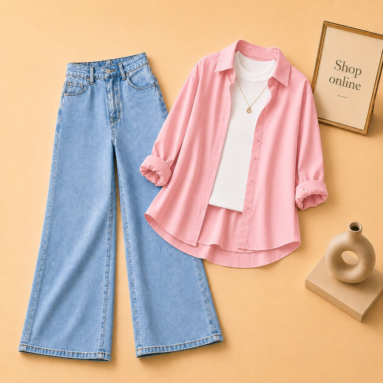 LIGHT PINK  BUTTON DOWN SHIRT WITH WHITE TANK TOP SKY BLUE  WIDE LEG JEANS (3Pcs)
