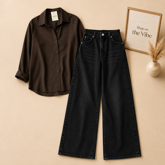 DARK BROWN BUTTON DOWN SHIRT WITH BLACK WIDE LEG JEANS