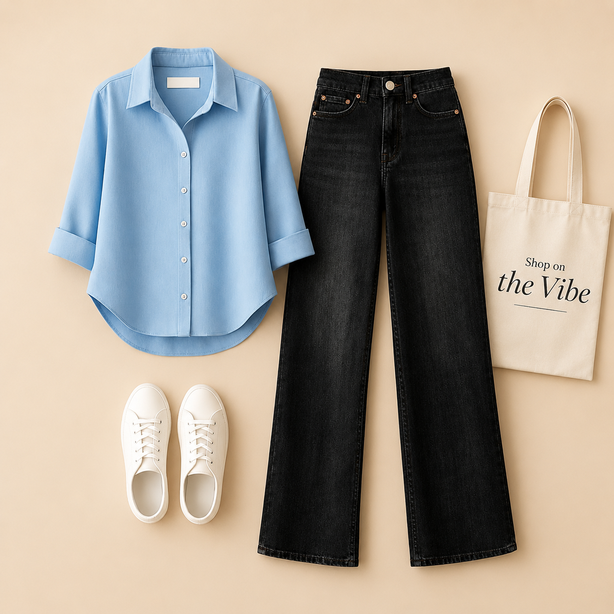 SKY BLUE BUTTON SHIRT WITH BLACK WIDE LAG JEANS