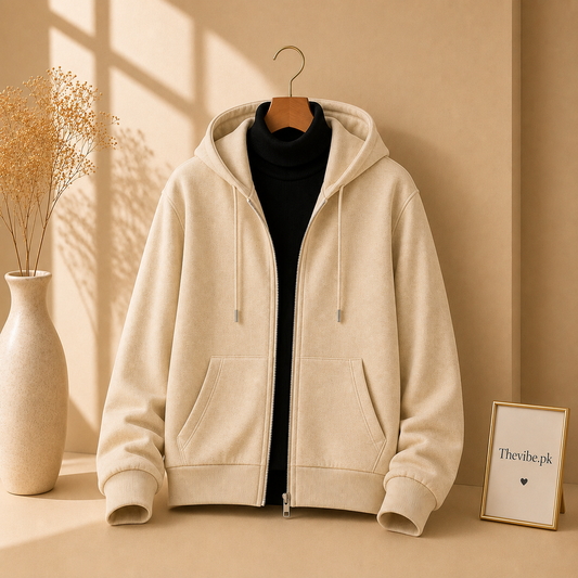BEIGE ZIPPER HOODIE WITH BLACK  HIGH NECK
