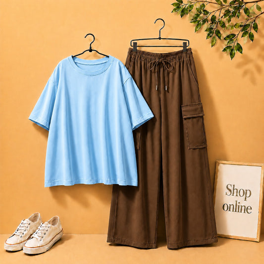 SKY BLUE DROP SHOULDER TEE SHIRT WITH DARK BROWN CARGO TROUSER