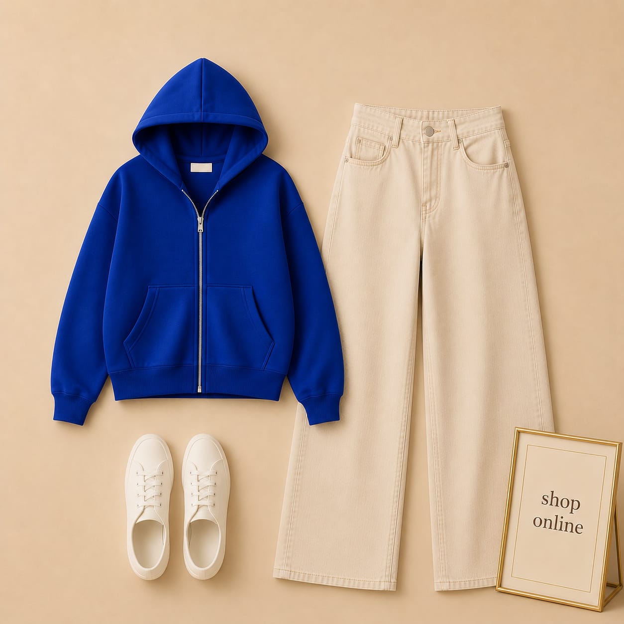 ROYAL BLUE ZIP HOODIE WITH BEIGE WIDE LEG JEANS