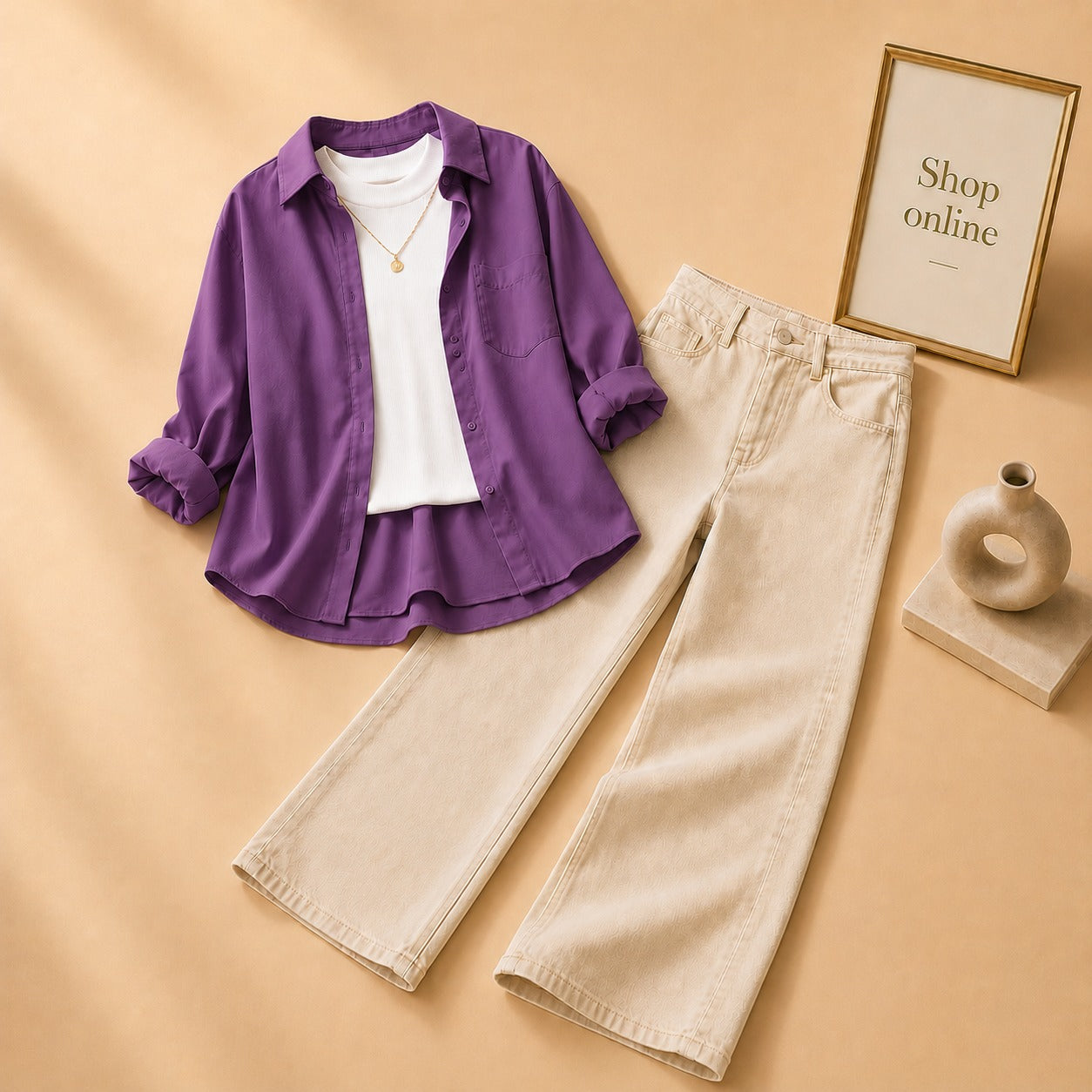 PURPLE BUTTON DOWN SHIRT  WITH WHITE TANK TOP BEIGE WIDE LEG JEANS (3Pcs)
