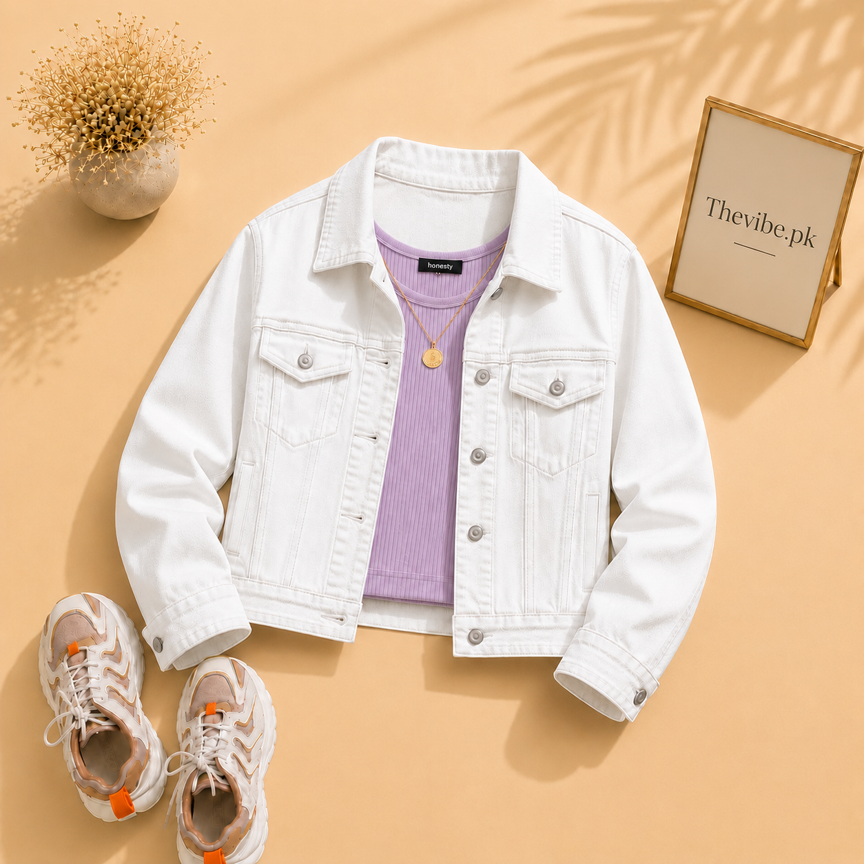 WHITE DENIM JACKET WITH LILAC TANK TOP
